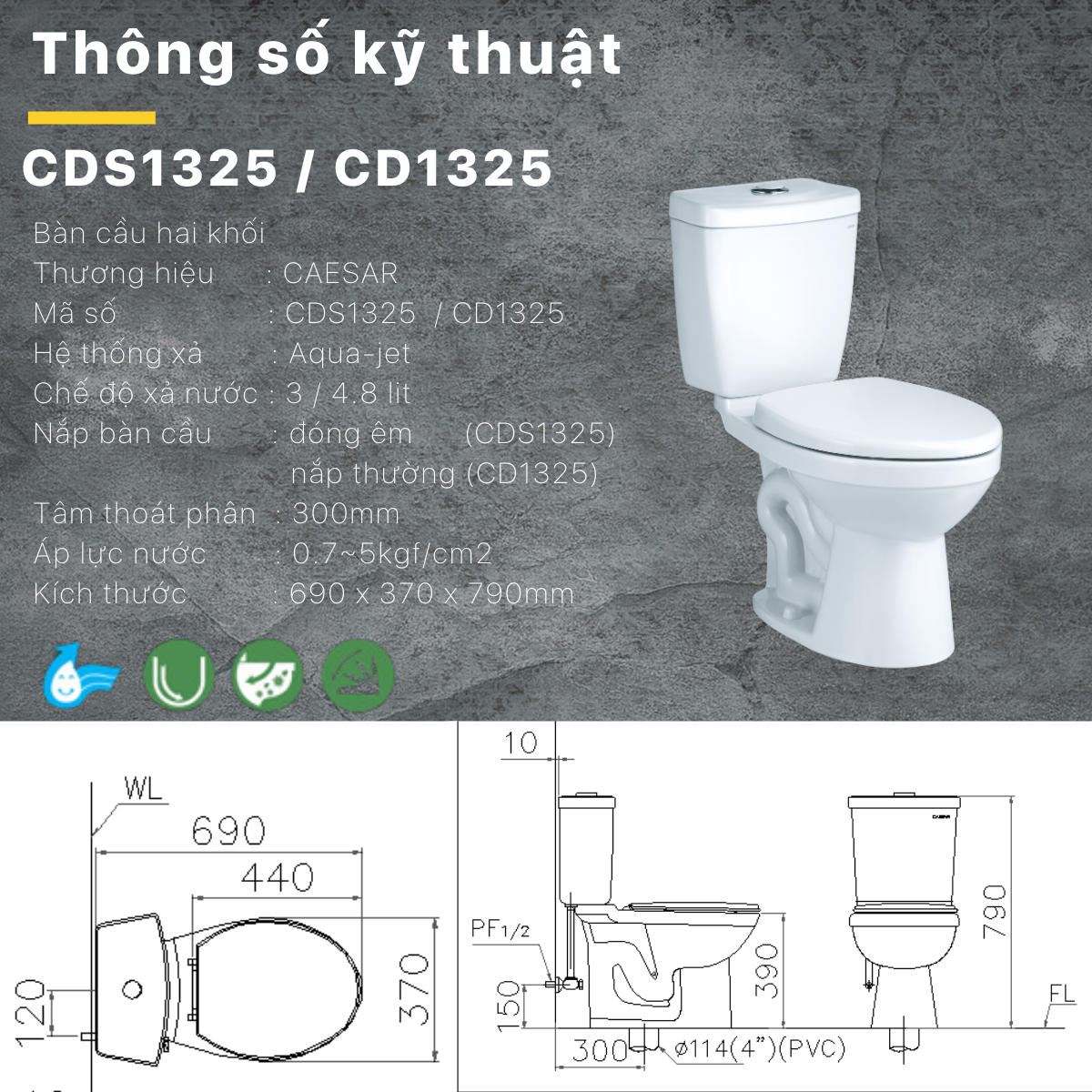 Bồn cầu 2 khối Caesar CD1325 nắp thường - 6