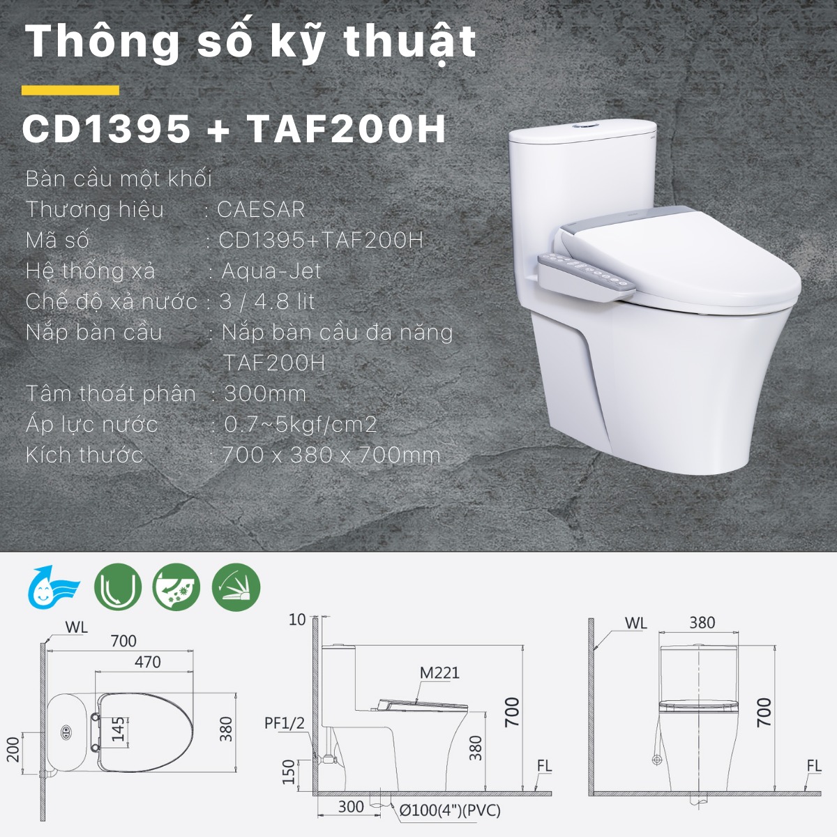 Bồn cầu 1 khối nắp điện tử Caesar CD1395+TAF200H - 4