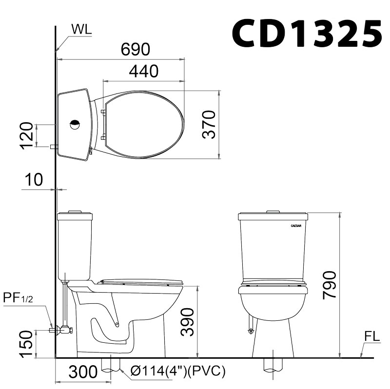 Bồn cầu 2 khối Caesar CD1325 nắp thường