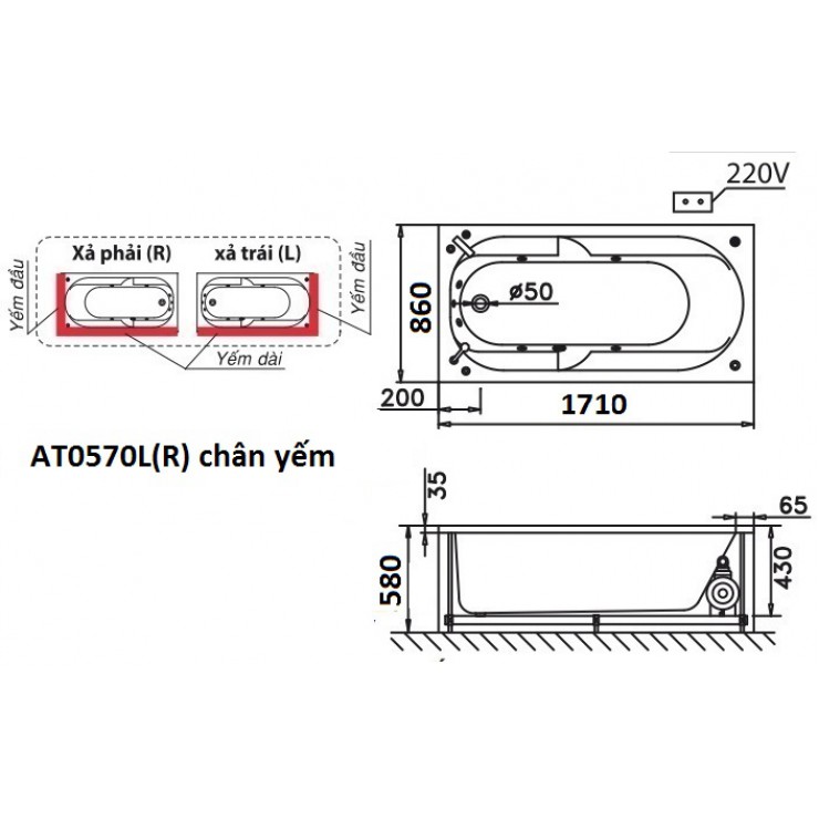Bồn tắm chân yếm 1m7 Caesar AT0570L(R)