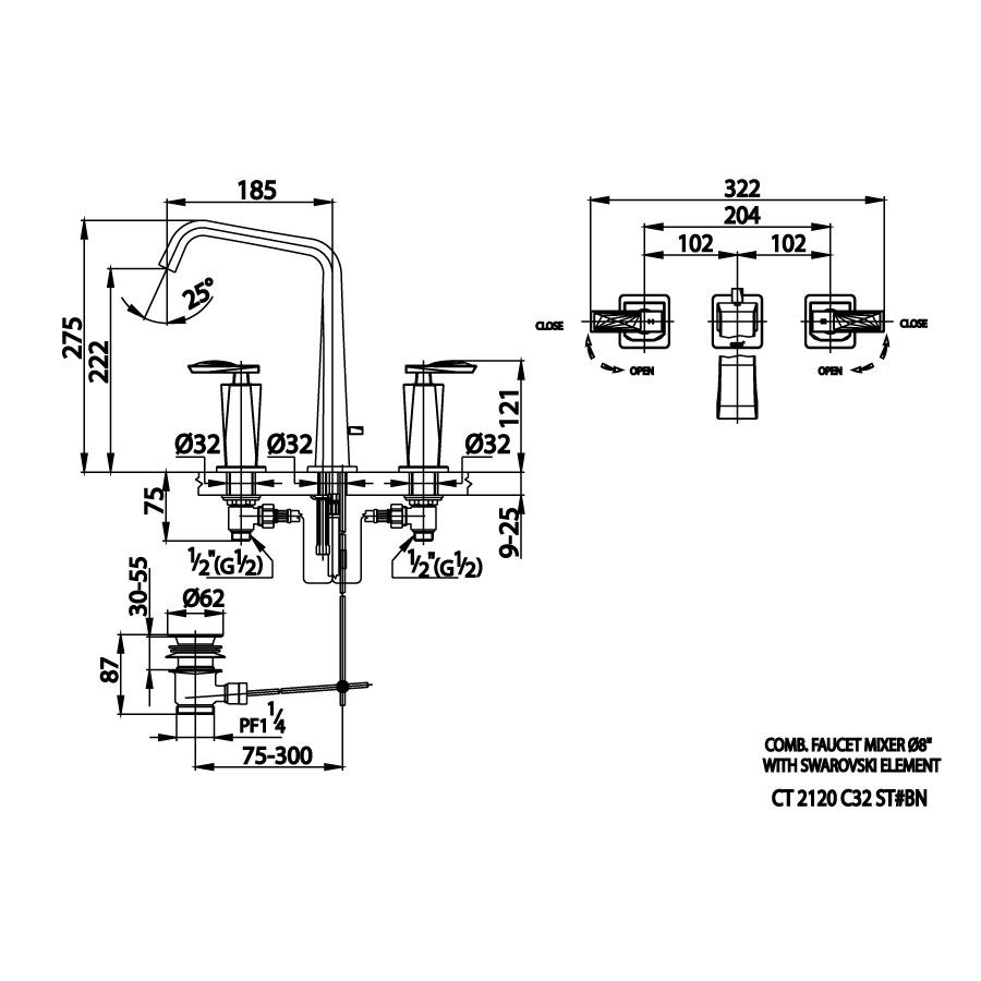 Vòi chậu lavabo COTTO CT2120C32ST#BN nóng lạnh 3 lỗ màu đen bóng Glacier