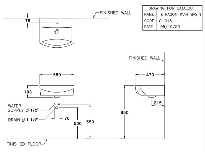Chậu lavabo treo tường COTTO C01517 Tetragon