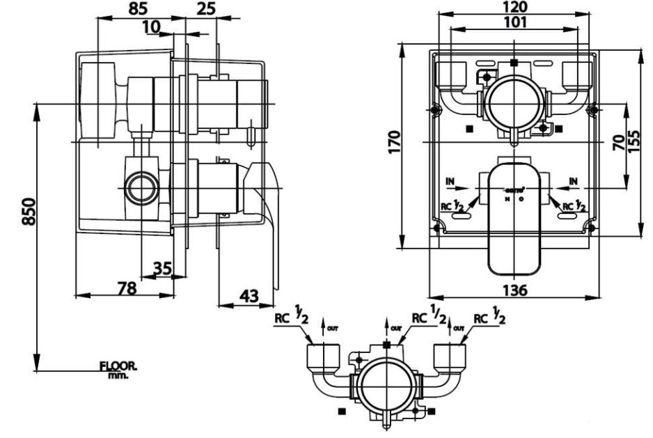 Van điều chỉnh âm tường COTTO CT2243A nhiệt độ nóng lạnh kèm van chuyển hướng 2 đường nước Scirocco