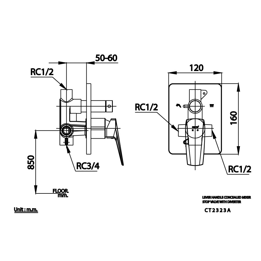Van điều chỉnh âm tường COTTO CT2323A nóng lạnh kèm van chuyển hướng 2 đường nước Essentia - 2