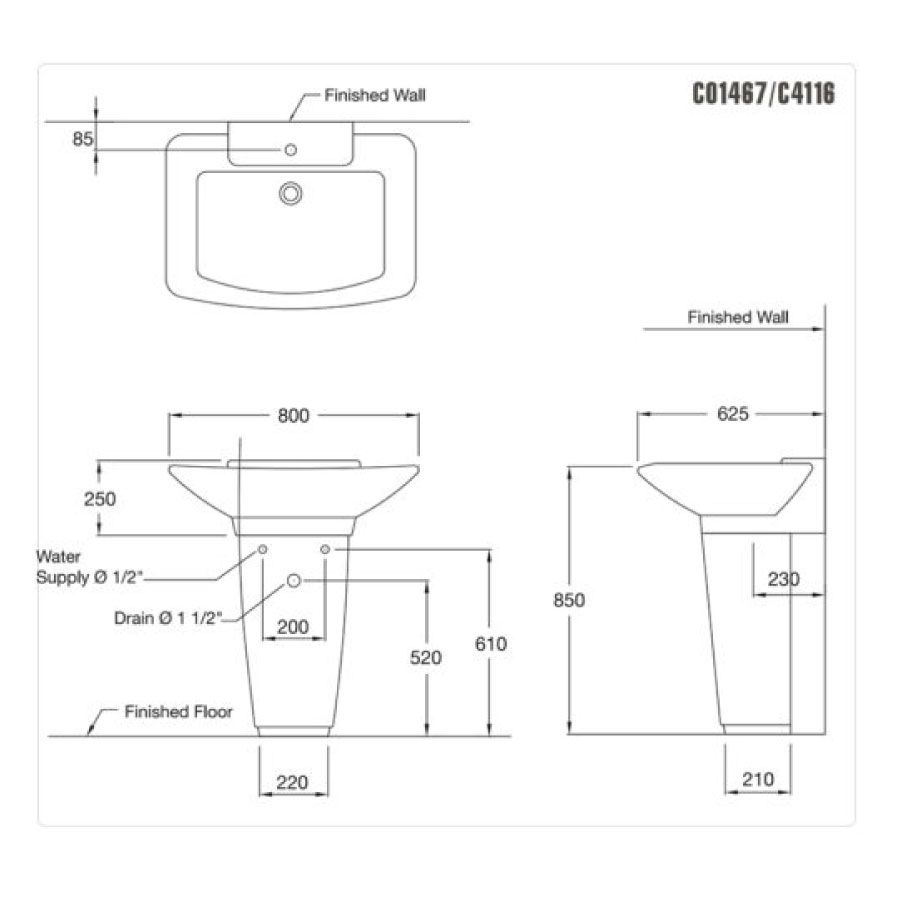 Chậu lavabo treo tường COTTO C01467 Hercules - 2