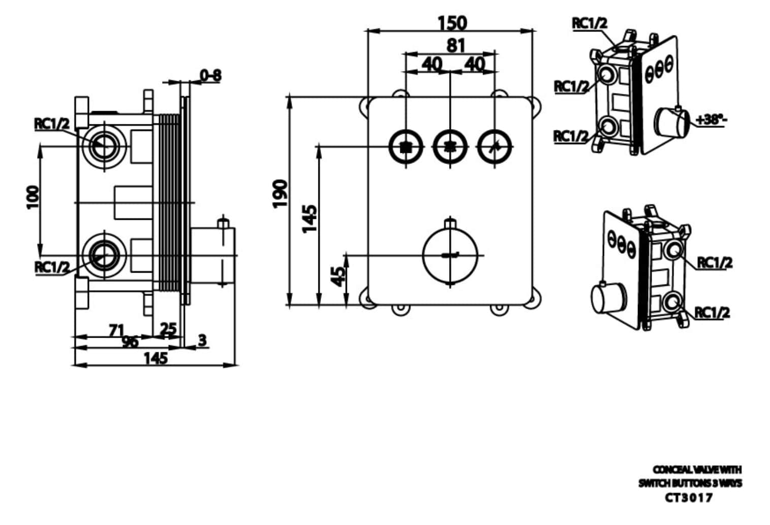 Van điều chỉnh âm tường COTTO CT3017 nhiệt độ nóng lạnh kèm van chuyển hướng 3 đường nước Switch