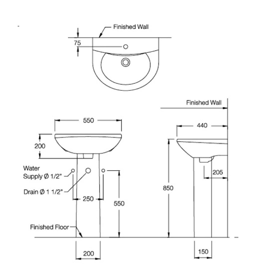 Chậu lavabo treo tường COTTO C014/C411 chân dài Wedy