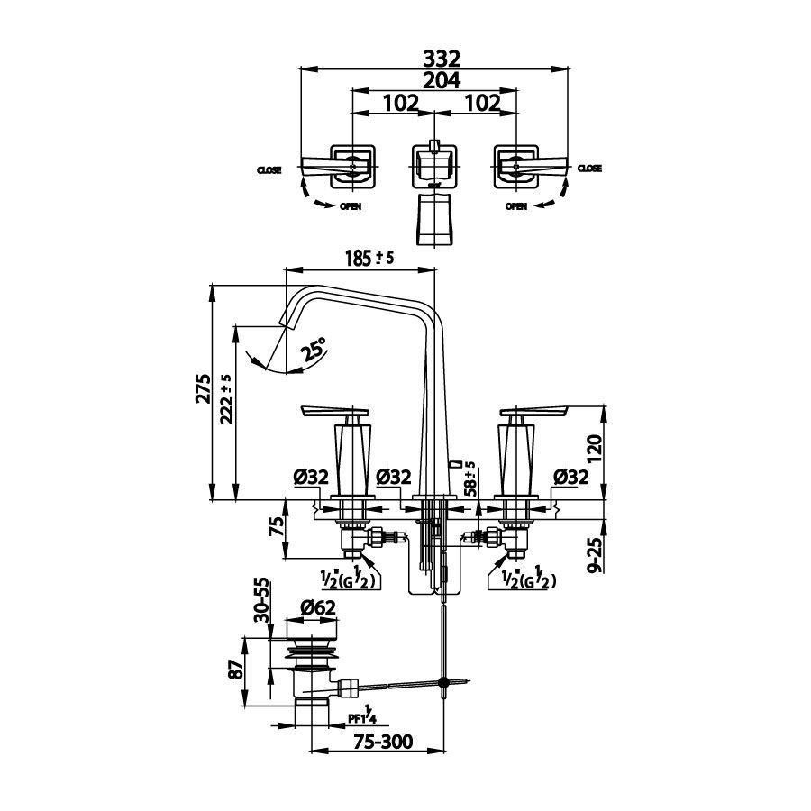 Vòi chậu lavabo COTTO CT2120C31 nóng lạnh 3 lỗ Glacier - 2