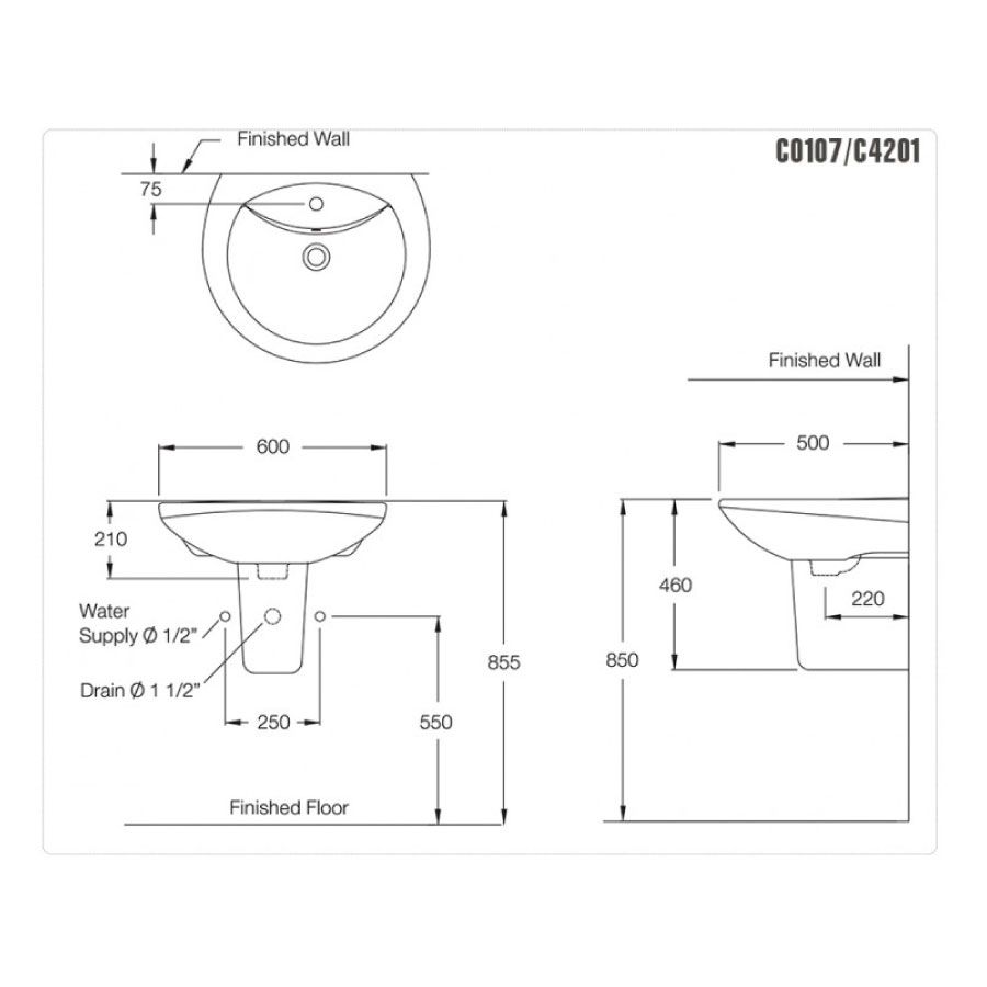 Chậu lavabo treo tường COTTO C0107/C420 chân lửng Alice - 2