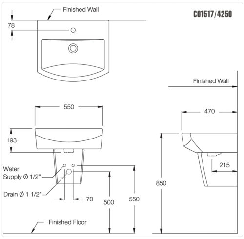 Chậu lavabo treo tường COTTO C01517/C4250 chân lửng Tetragon