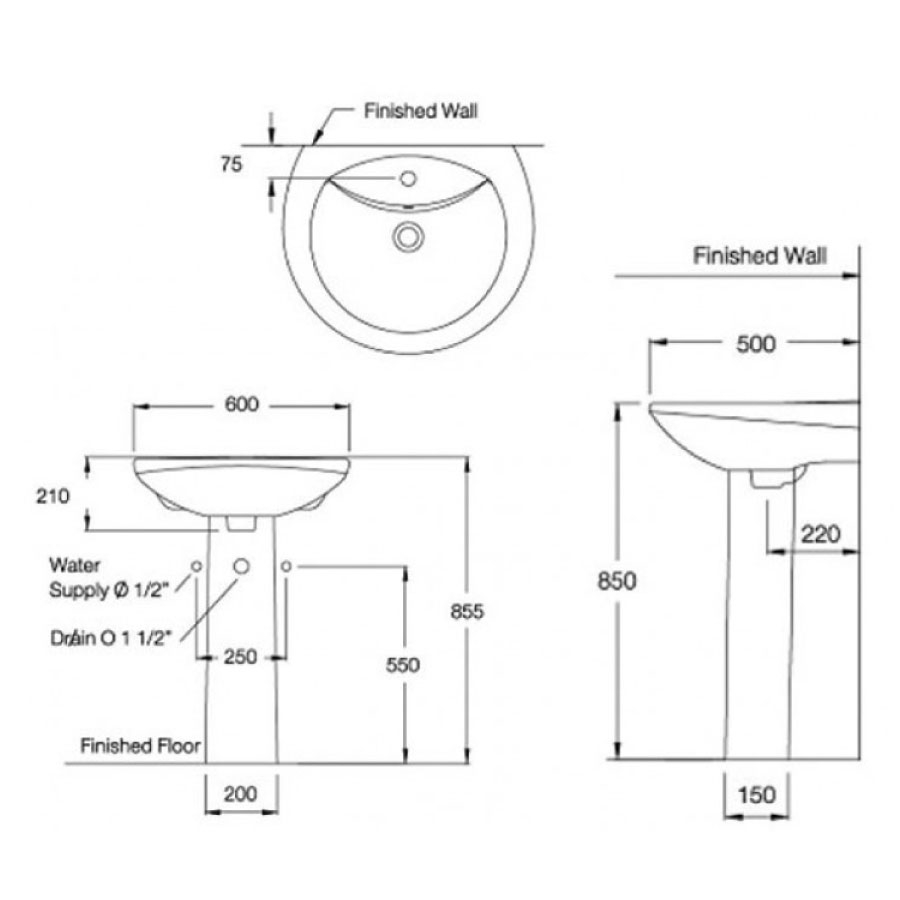 Chậu lavabo treo tường COTTO C0107/C411 chân đài Alice - 2
