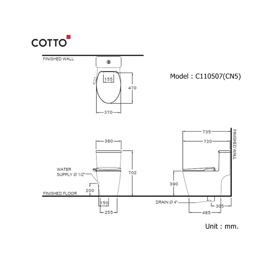 Bồn cầu 1 khối COTTO C110507(CN5) nắp rửa cơ CVN92205 Harmony - 2