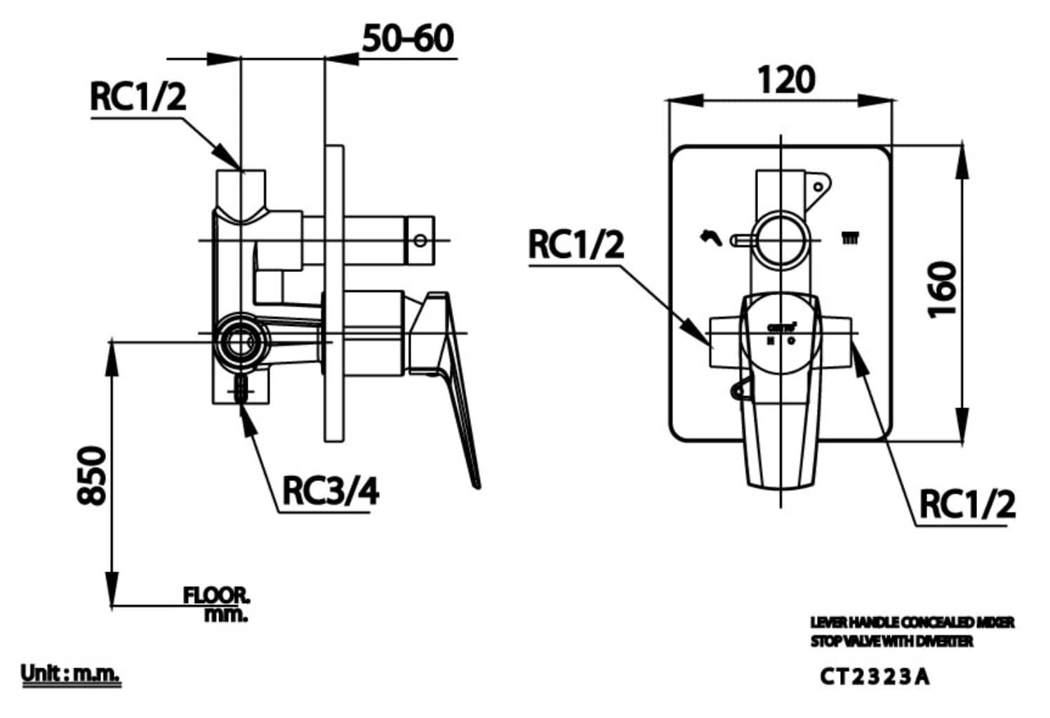 Van điều chỉnh âm tường COTTO CT2323A nóng lạnh kèm van chuyển hướng 2 đường nước Essentia - 3