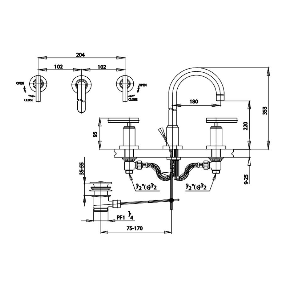 Vòi chậu lavabo COTTO CT238YC20 nóng lạnh 3 lỗ Cross - 2