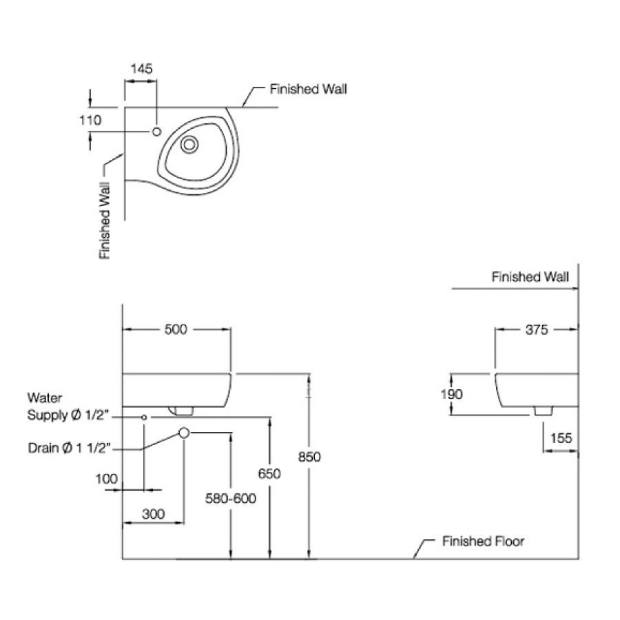Chậu lavabo treo tường đặt góc COTTO C02807 His