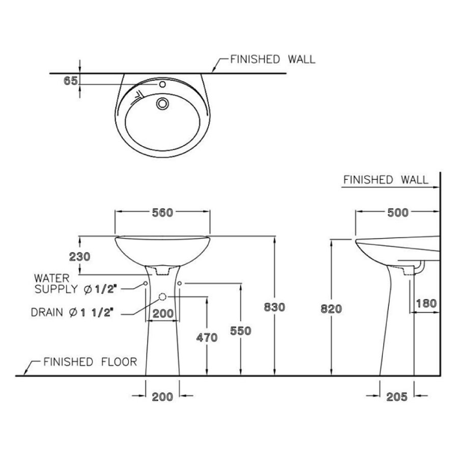 Chậu lavabo treo tường COTTO C012/C412 chân dài Kensington 22