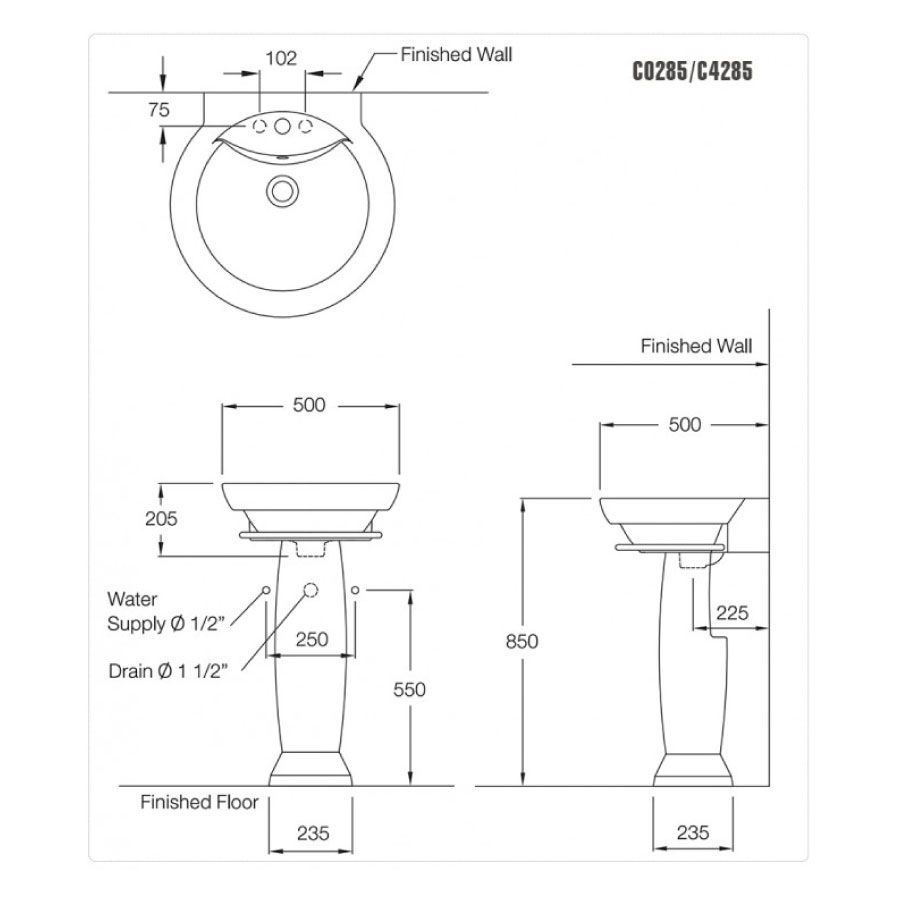 Chậu lavabo treo tường COTTO C0285/C4285 chân dài Alpha - 2