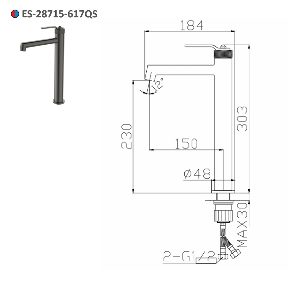 Vòi lavabo nóng lạnh thân cao Esslinger ES-28715-617QS - 2