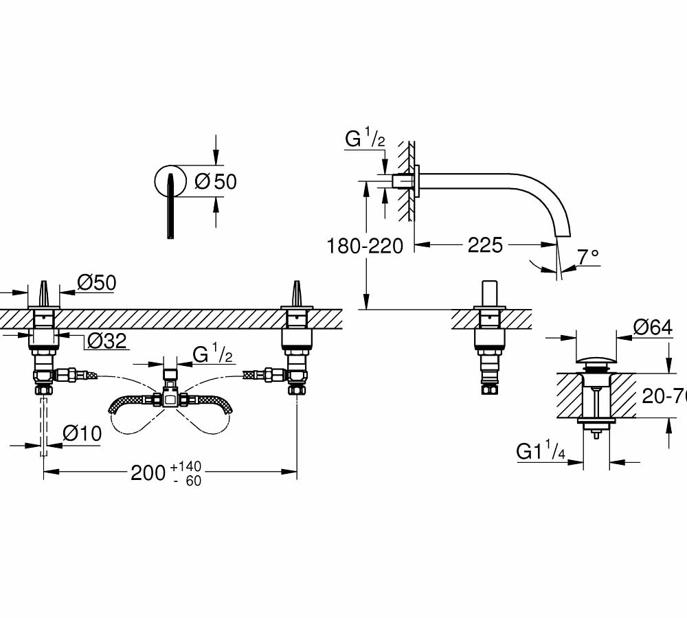 Vòi chậu gắn tường nóng lạnh 3 lỗ Atrio GROHE 20614SD0 - 2