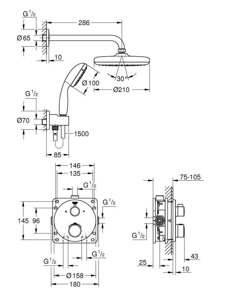 Bộ sen âm tường ổn nhiệt tròn Tempesta 210 GROHE 34727000 - 2