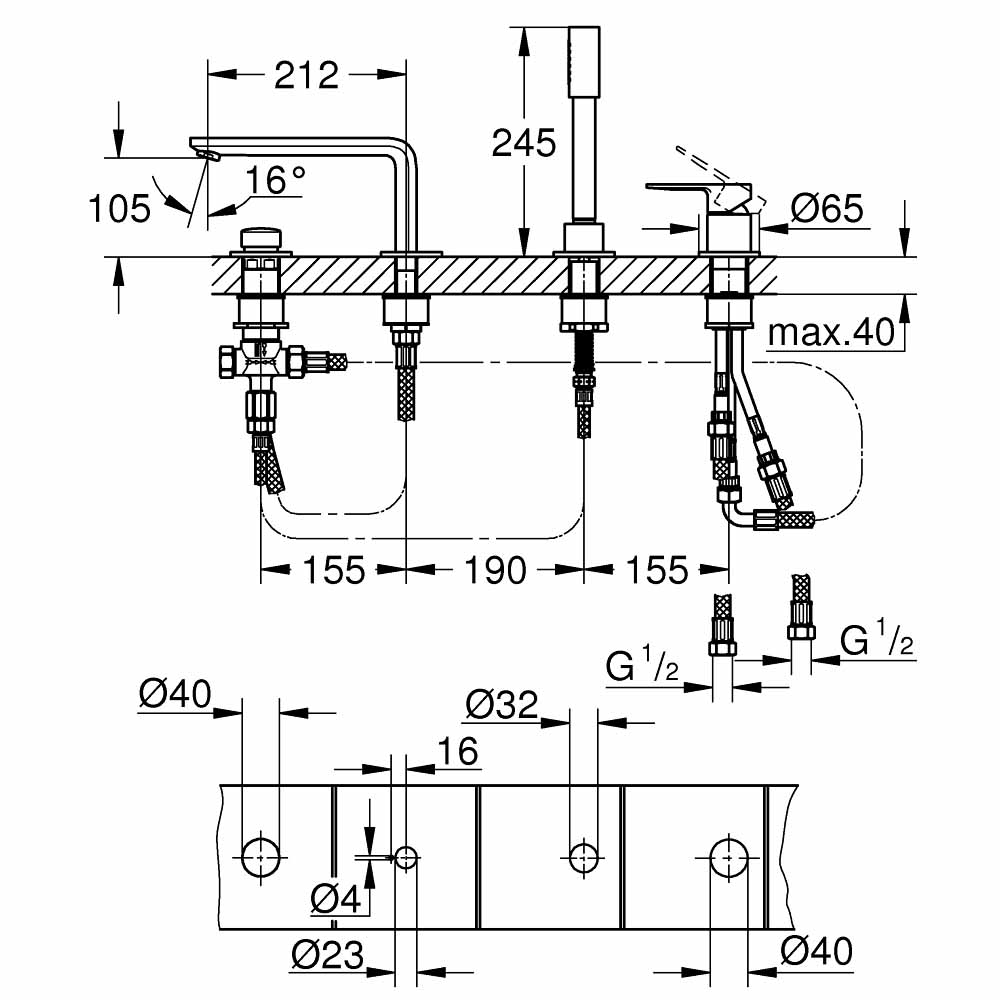Vòi bồn tắm 4 lỗ nóng lạnh Lineare GROHE 19577001
