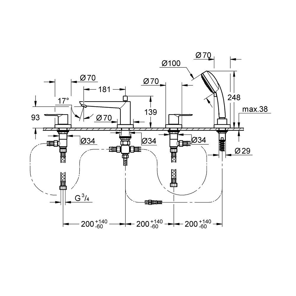 Vòi bồn tắm 4 lỗ nóng lạnh kèm tay sen BauLoop GROHE 2511900A - 2