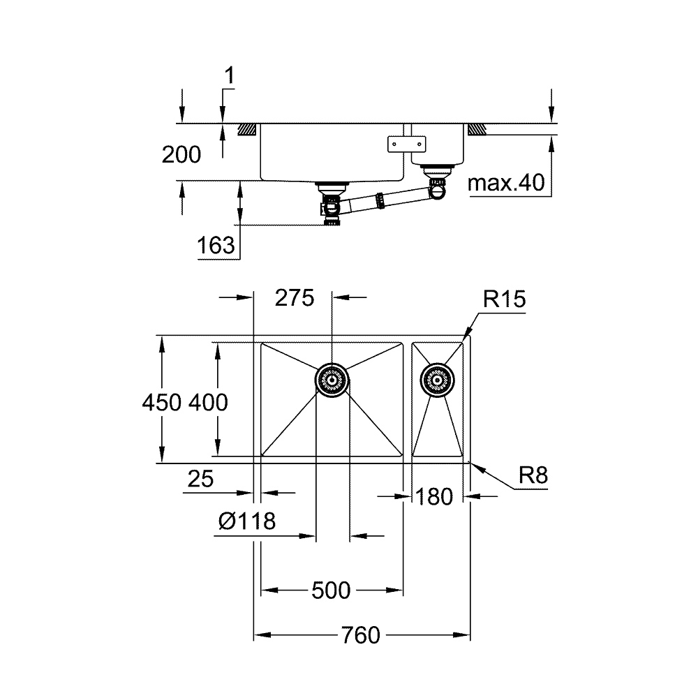 Chậu rửa chén 2 hộc K700U GROHE 31575SD1