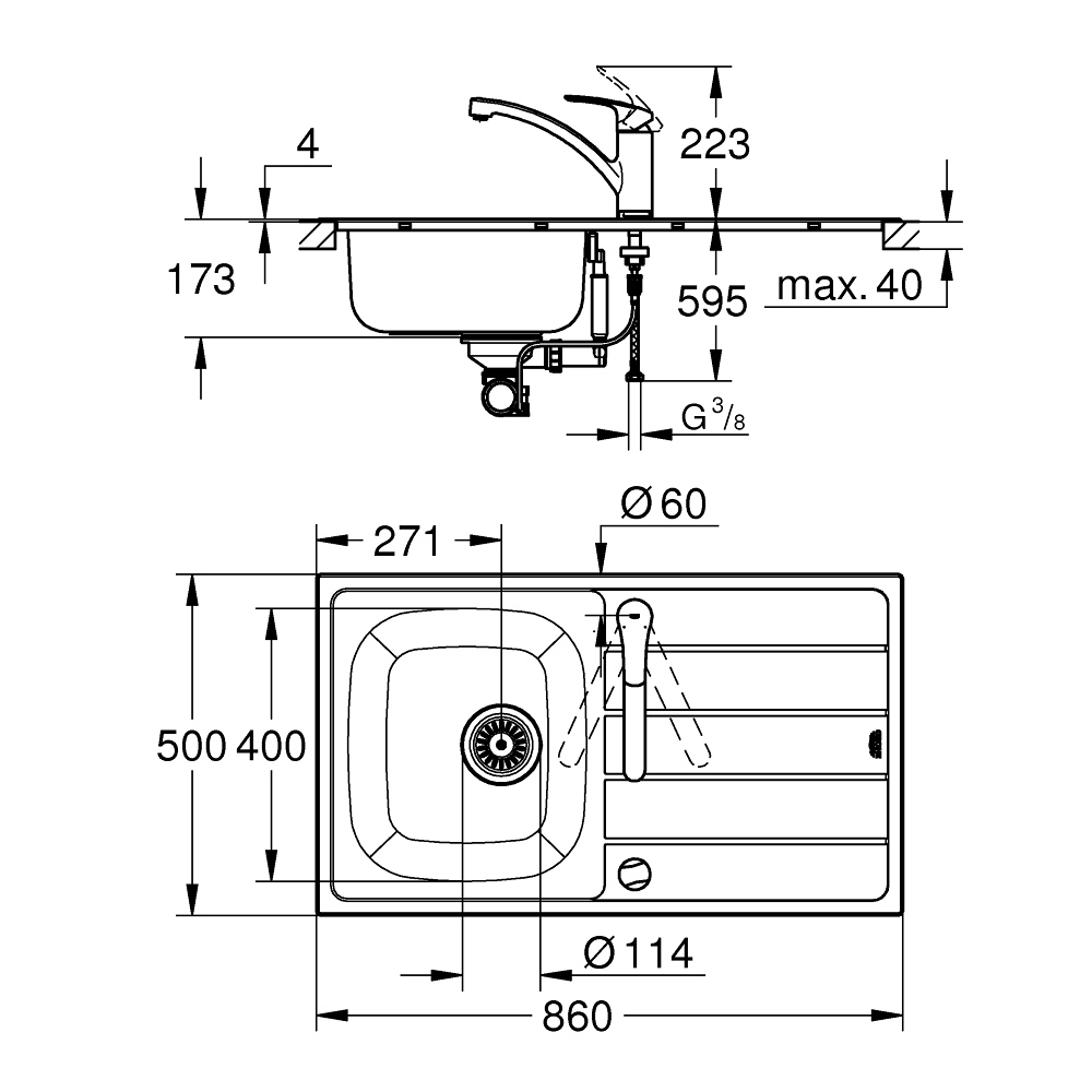 Chậu rửa chén 1 hộc cánh trái tích hợp vòi bếp Eurosmart GROHE 31565SD1 - 2