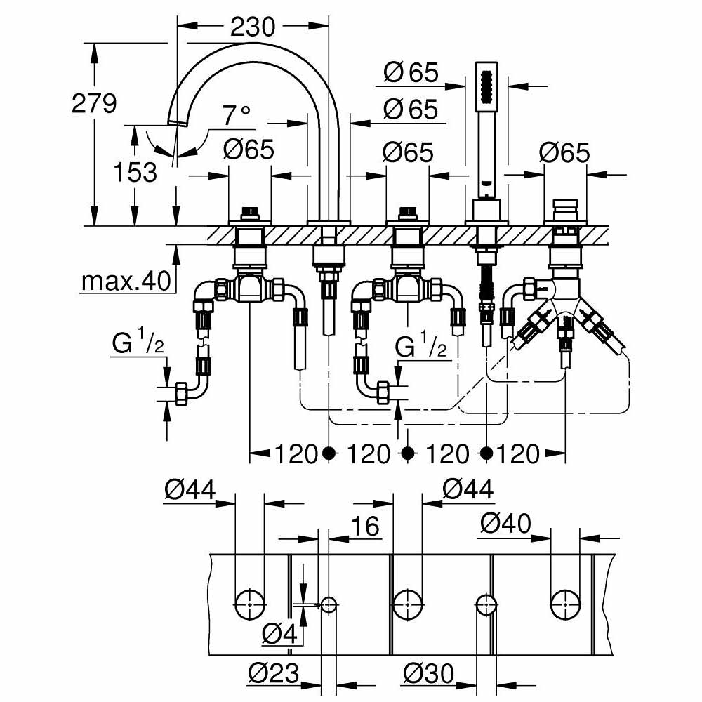 Vòi bồn tắm 5 lỗ nóng lạnh kèm tay sen Atrio GROHE 25224000 - 2