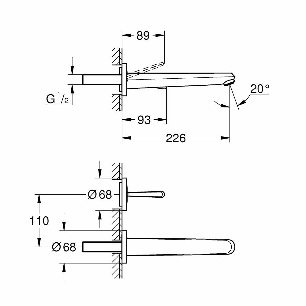 Vòi chậu gắn tường nóng lạnh 2 lỗ Eurodisc Joy GROHE 19969000