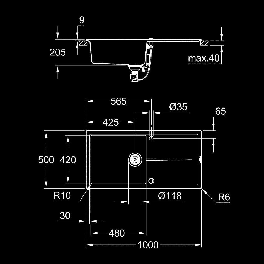 Chậu rửa chén 1 hộc Composite cánh trái K400 GROHE 31641AP0