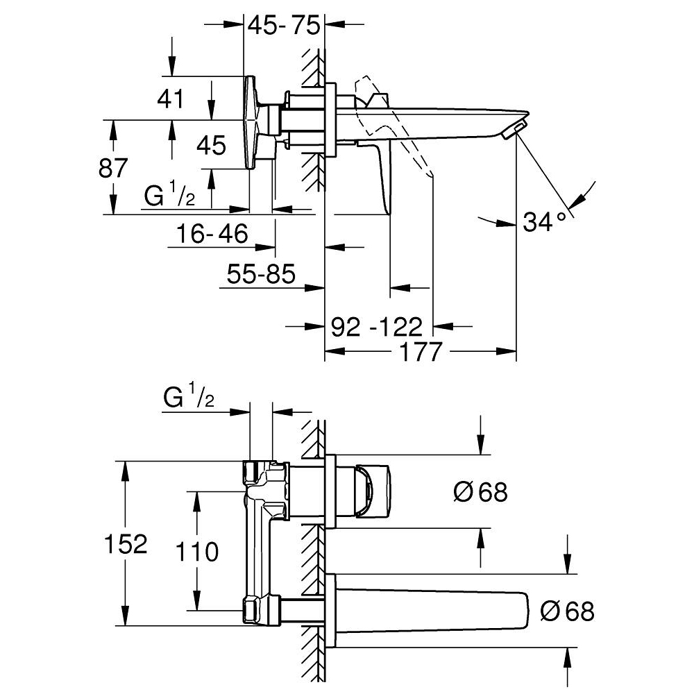 Vòi chậu gắn tường nóng lạnh 2 lỗ BauEdge GROHE 20474001 - 2