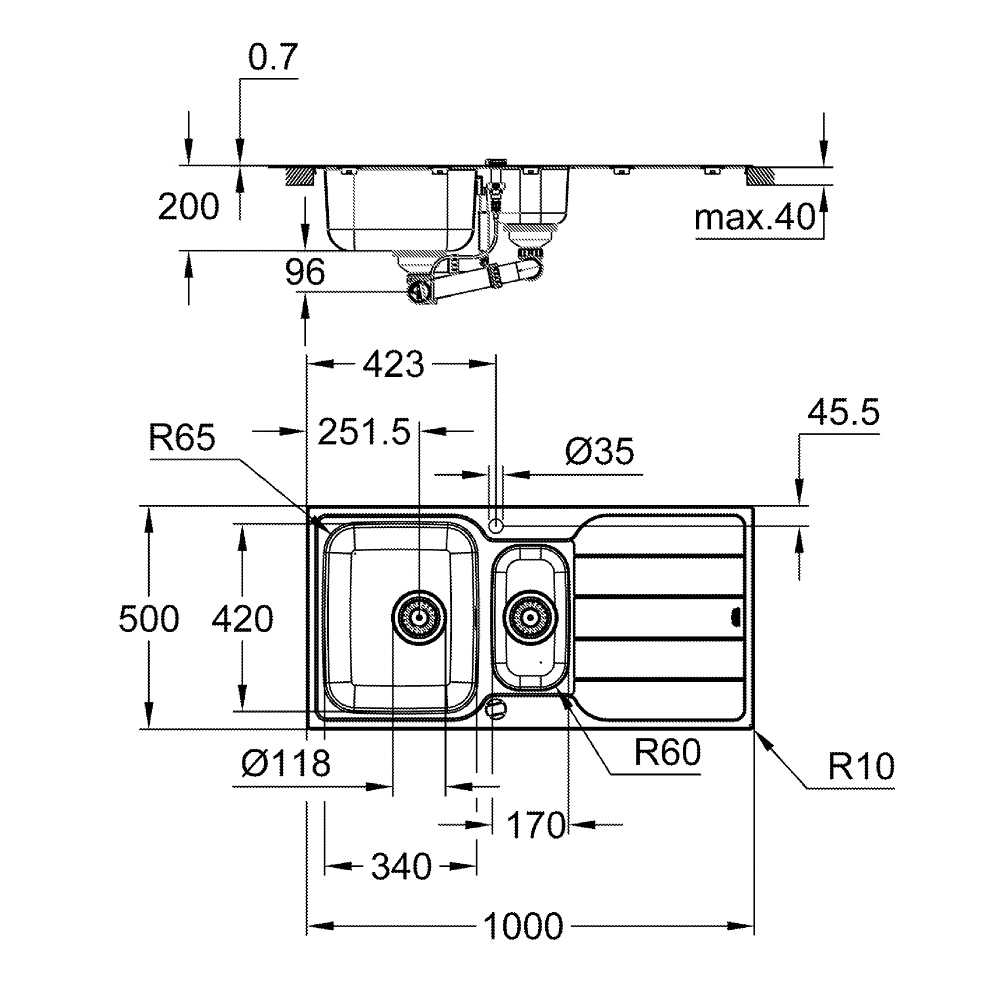 Chậu rửa chén 2 hộc cánh trái K500 GROHE 31572SD1