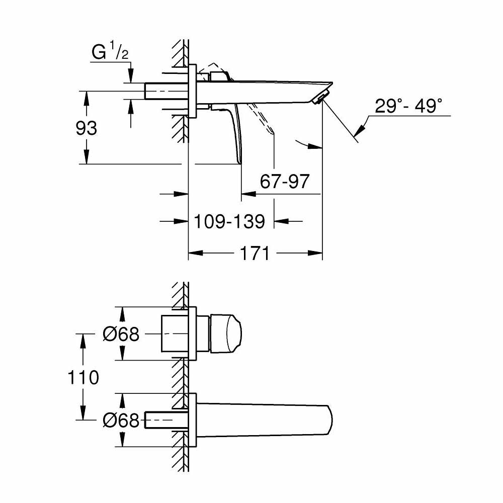 Vòi chậu gắn tường nóng lạnh 2 lỗ Eurosmart GROHE 29337003 - 2