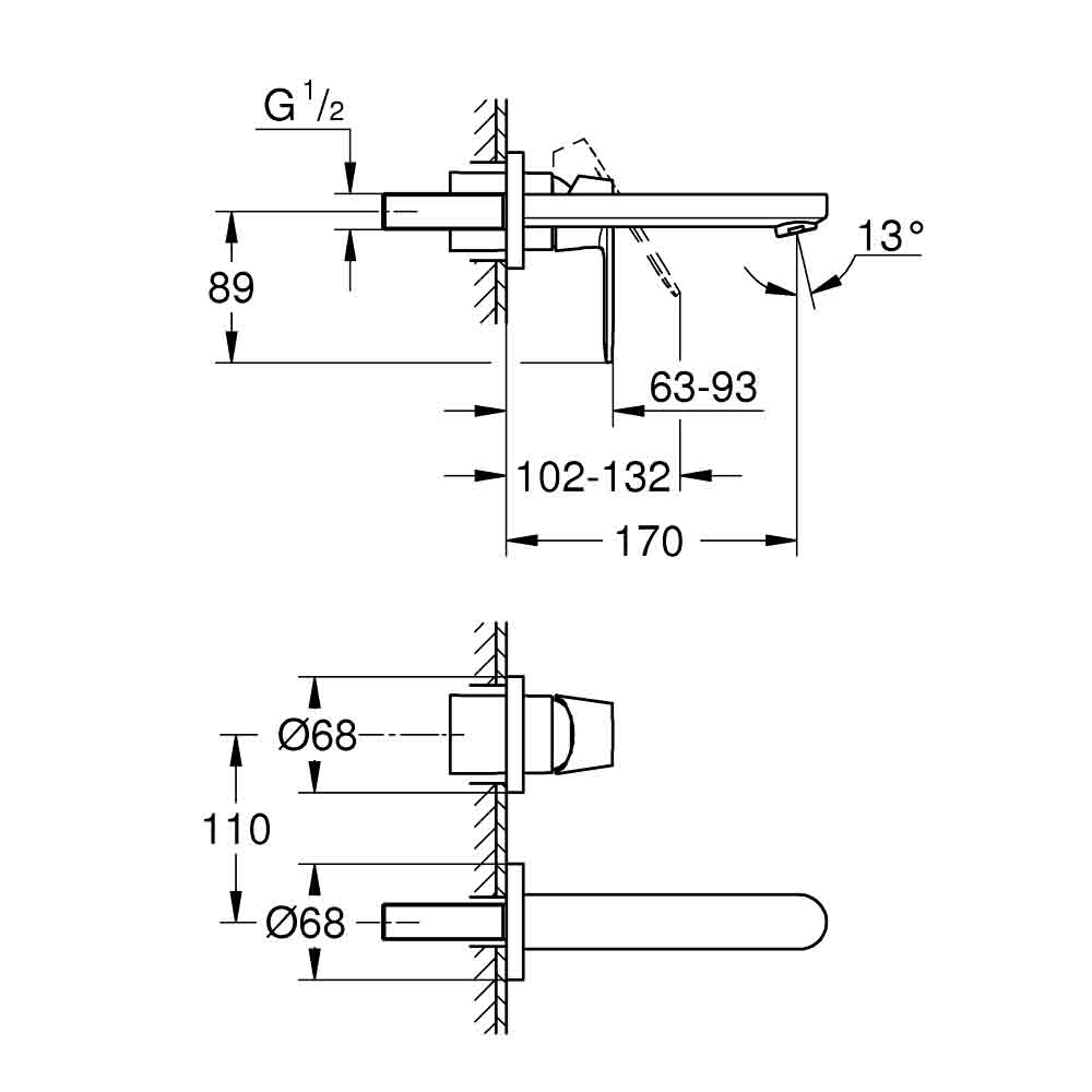 Vòi chậu nóng lạnh gắn tường 2 lỗ Eurosmart Cosmopolitan GROHE 19381000 - 10