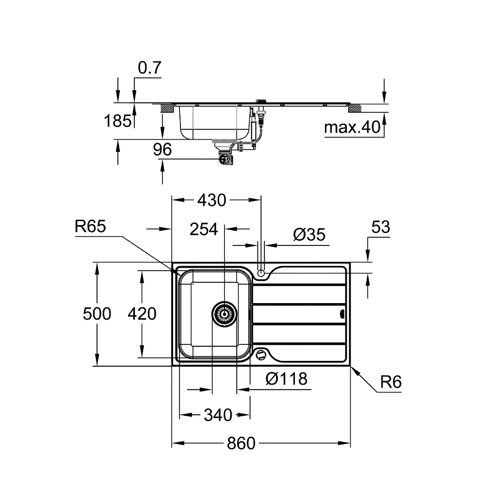 Chậu rửa chén 1 hộc cánh trái K500 GROHE 31571SD1