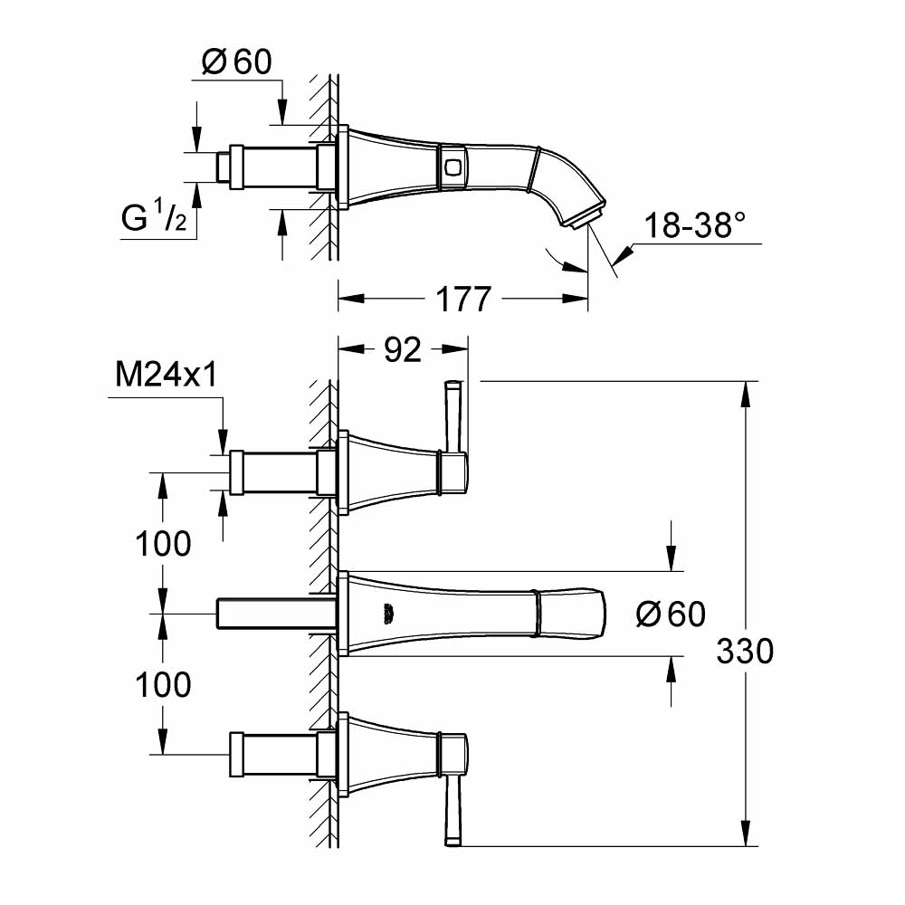 Vòi chậu nóng lạnh gắn tường 3 lỗ Grandera GROHE 20414000