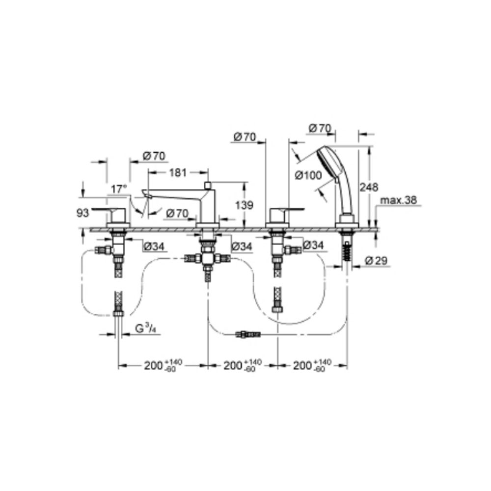 Vòi bồn tắm 4 lỗ nóng lạnh kèm tay sen BauEdge GROHE 25120000