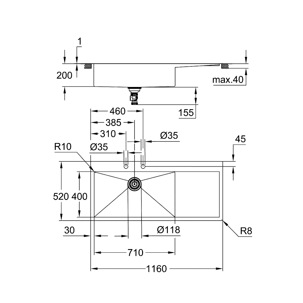 Chậu rửa chén 1 hộc cánh phải K1000 GROHE 31581SD1