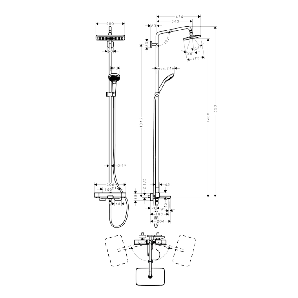 Sen cây nhiệt độ Hansgrohe 27687000 HG Croma E 280 1jet(kèm vòi xả bồn)