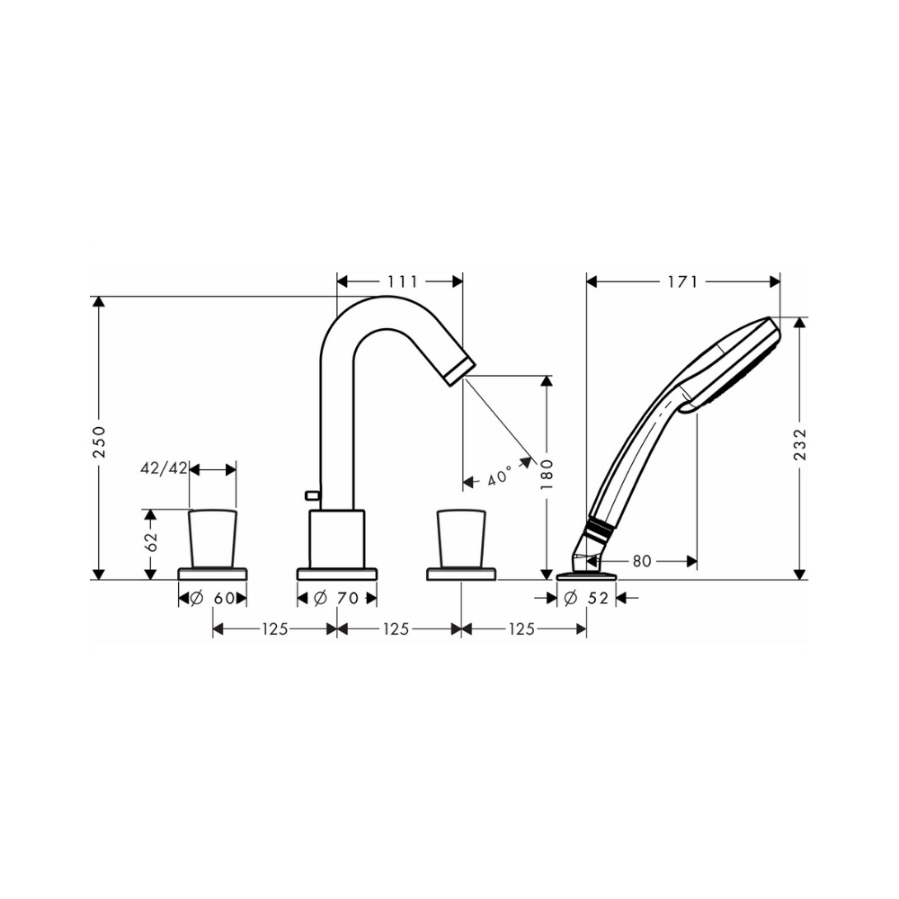 Vòi bồn tắm nóng lạnh Hansgrohe 71314000 Logis (4 lỗ có tay sen) - 2