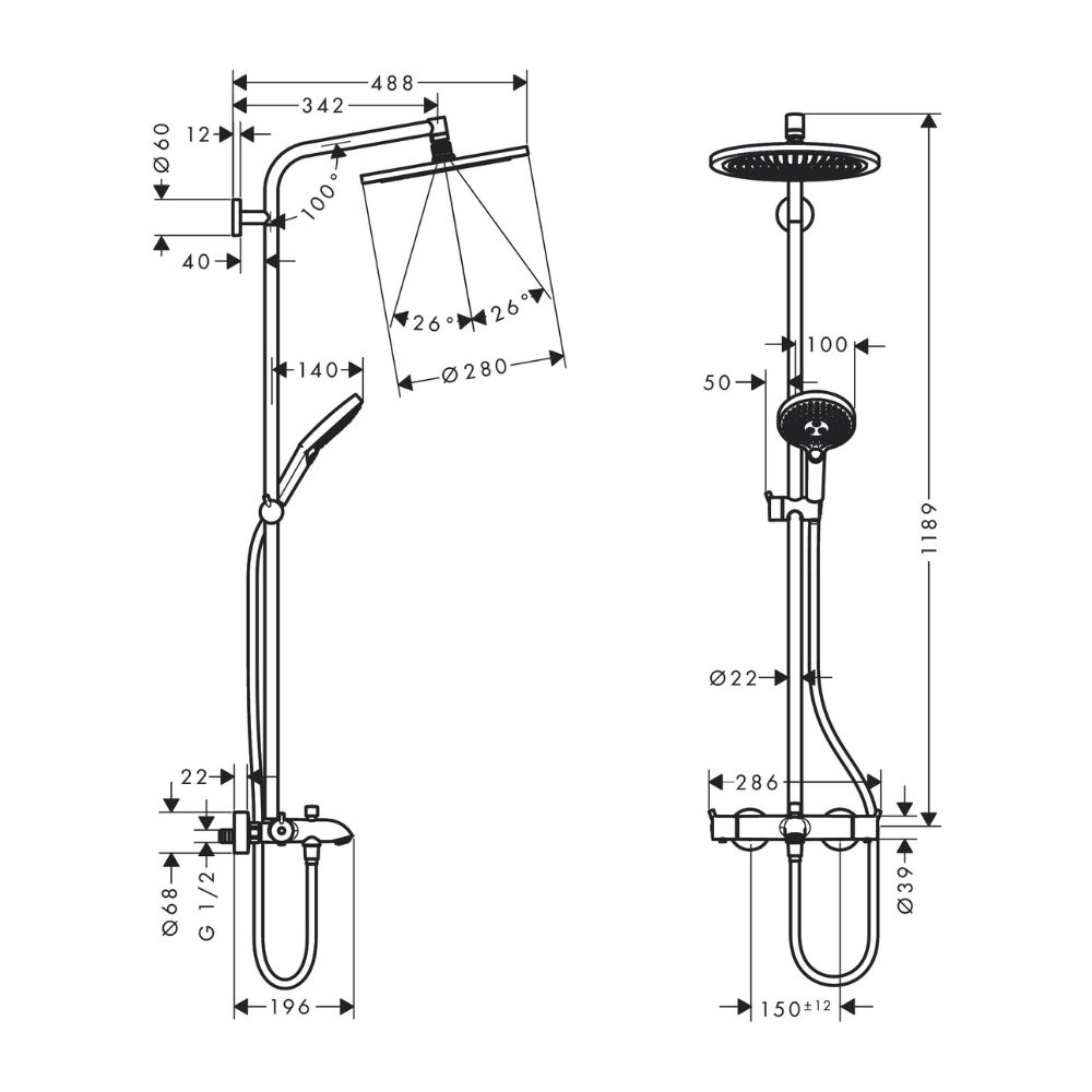 Sen cây nhiệt độ Hansgrohe 26175007 Croma 280 (kèm vòi xả bồn)