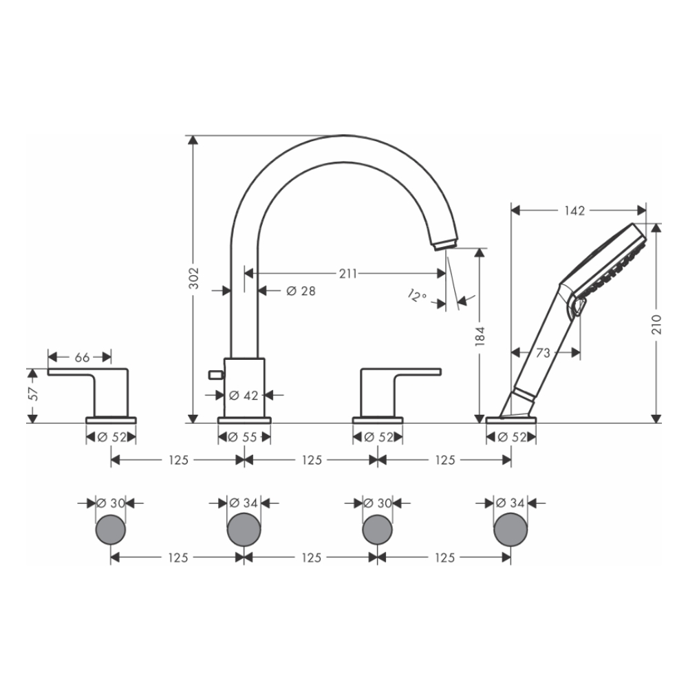 Bộ vòi bồn tắm nóng lạnh Hansgrohe 71451007 HG Vernis Shape (4 lỗ có tay sen) - 2