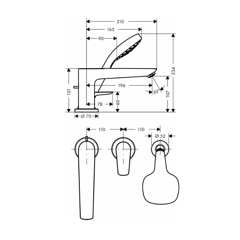 Vòi bồn tắm nóng lạnh Hansgrohe 71731000 Talis E (3 lỗ có tay sen) - 2