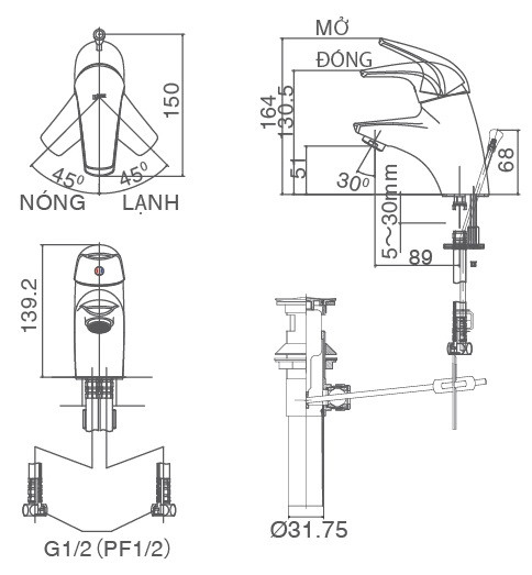 Vòi chậu lavabo nóng lạnh INAX LFV-3002S (LFV3002S) - 7