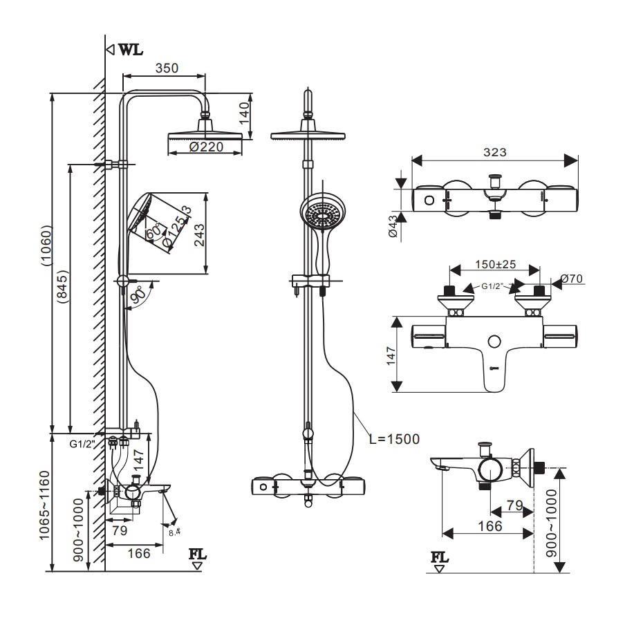 Bản vẽ kỹ thuật bộ sen tắm cây đứng nhiệt độ INAX BFV-3415T-7C