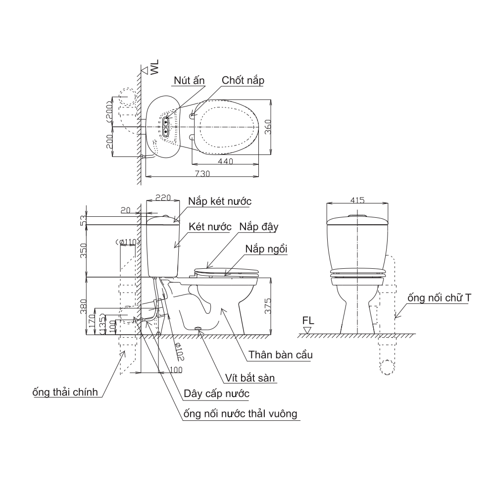 Bồn cầu 2 khối INAX C-306VPT (C306VPT) thoát ngang nắp thường - 2