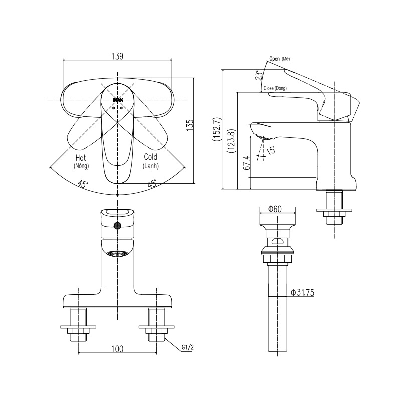 Vòi chậu lavabo nóng lạnh INAX LFV-1111S (LFV1111S) - 2
