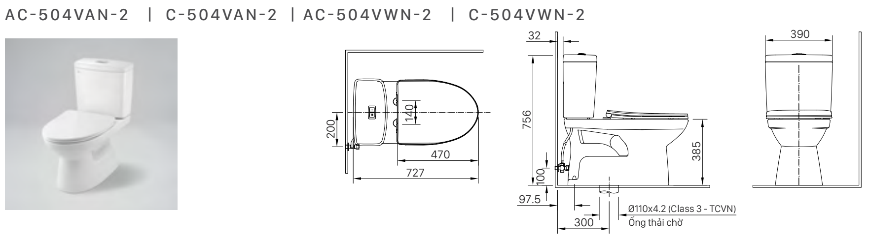Bồn cầu 2 khối nắp rửa cơ INAX C-504A + CW-S15VN