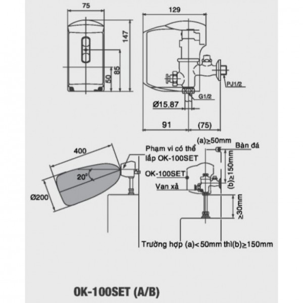 Van xả bồn tiểu INAX OK100SET(A) (OK-100SETA) dùng ống thẳng